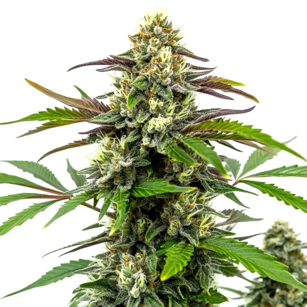 Bubble Gum Sherb Cannabispflanze mit violett-grünen Blättern und süßlich duftenden, harzigen Blüten.