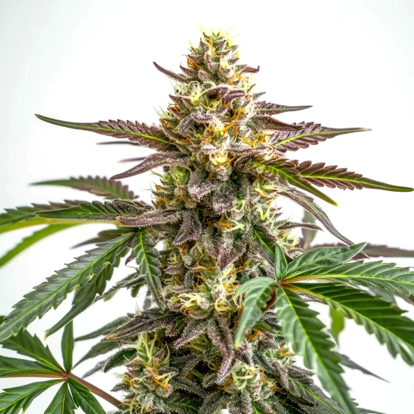 White Truffle Cannabispflanze mit violett-grünen Blättern und frostbedeckten, aromatischen Blüten.