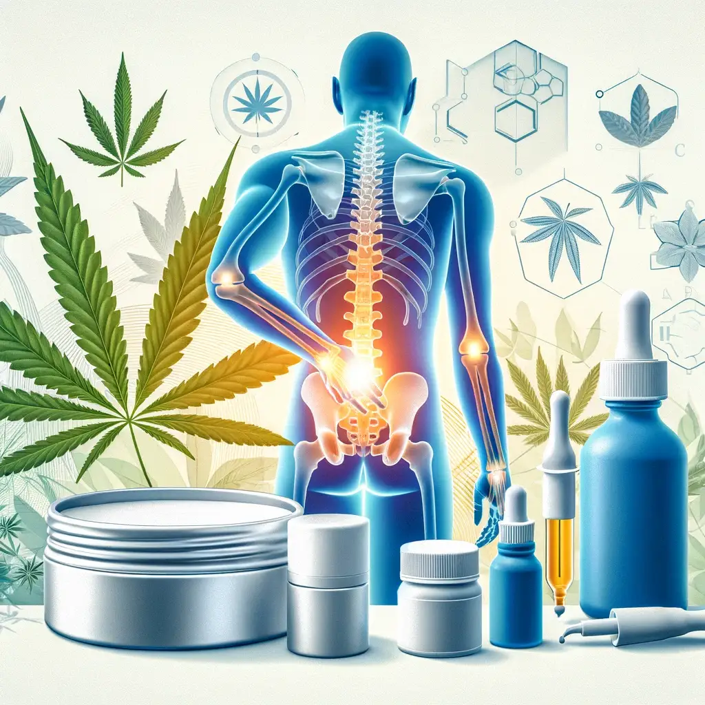 Illustration, die die Wirkung von Cannabis auf den menschlichen Körper zeigt, umgeben von verschiedenen Cannabisprodukten.