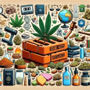 Illustration von Cannabis, wissenschaftlichen Utensilien und Symbolen der Kultur.