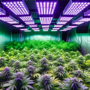 Indoor-Anbau von Cannabispflanzen unter LED-Beleuchtung.