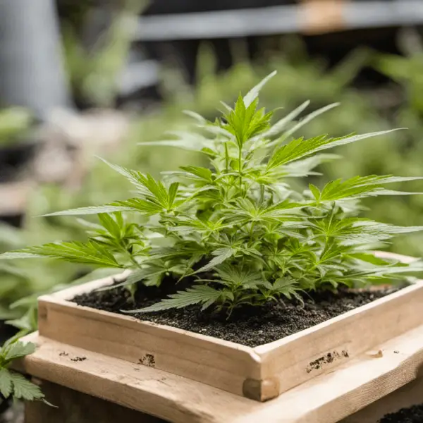 Cannabispflanze wächst in einem kleinen Holzbehälter.