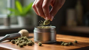 Hand, die eine Cannabisblüte in einen offenen Aluminium-Grinder einfüllt, um die Effizienz beim Rauchen oder Verdampfen zu erhöhen