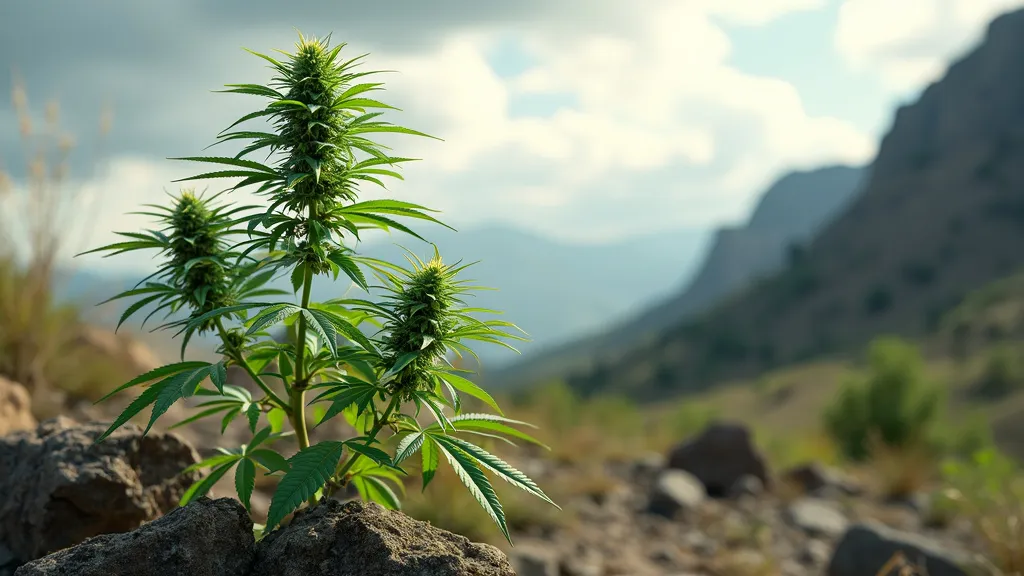 Cannabis Ruderalis Pflanze wächst in einer rauen Landschaft Osteuropas oder Zentralasiens.