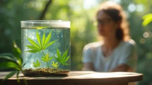 Ein Glas mit Wasser und schwebenden Cannabissamen, im Hintergrund eine Person, die den Keimungstest beobachtet