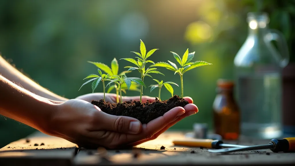 Hand, die mehrere gesunde Cannabispflanzlinge in Erde hält, in einem sonnigen Garten