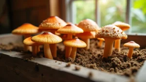 Frische Zauberpilze in einem luftigen Raum, die langsam und gleichmäßig trocknen