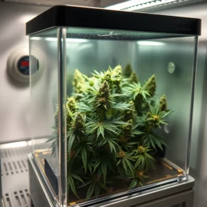 A cannabis plant stored in a glass container inside a refrigerator, illustrating optimal conditions for preserving seed viability