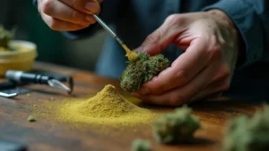 Ein Handwerker, der eine Cannabisknospe sorgfältig mit Kief bestreut, um Sun Rocks herzustellen