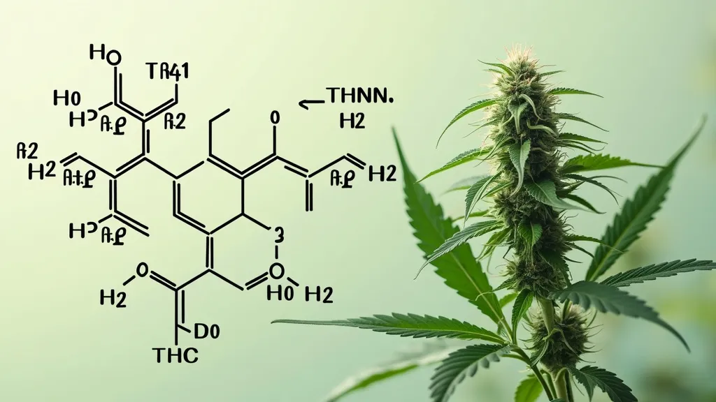 Strukturformel des THCV-Moleküls neben einer blühenden Cannabispflanze.