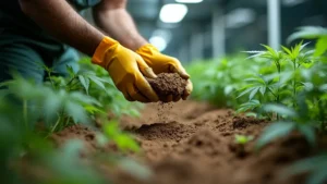 Ein Gärtner mit Handschuhen bereitet den Boden für das Einpflanzen von Cannabis-Samen vor.