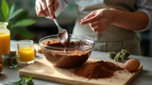 Eine Person mischt Schokoladenteig in einer Schüssel mit Cannabiszutaten, um Weed-Brownies herzustellen.