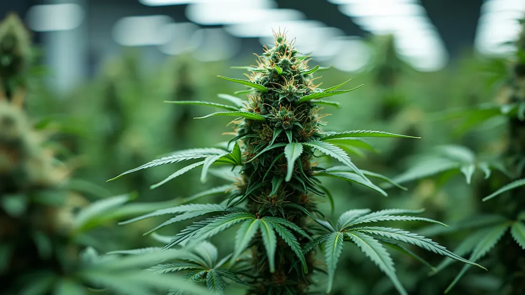 Nahaufnahme einer blühenden Autoflowering Cannabispflanze in einem Indoor-Anbau