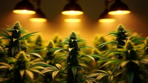 LED-Lampen beleuchten Cannabispflanzen in einem Zimmergewächshaus