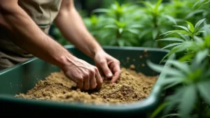 Grower mischt Erde für Cannabis mit den Händen