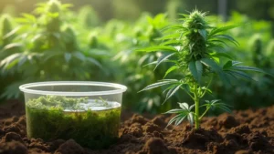 Cannabis-Pflanze neben einem Behälter mit fermentierter Brennesseljauche in einem Garten.