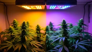 Cannabis-Pflanzen wachsen unter Jungle Lux Grow Light, das blaues und rotes Licht für verschiedene Wachstumsphasen bereitstellt.