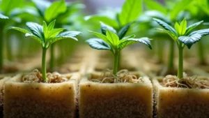 Junge Cannabispflanzen wachsen in Steinwollwürfeln mit gut sichtbaren Wurzeln.