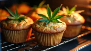 Frisch gebackene Cannabis Muffins mit goldener Kruste und Cannabisblättern