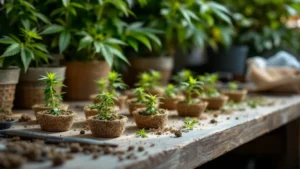 Cannabis-Stecklinge in kleinen Anzuchtwürfeln auf einem Tisch, Mutterpflanze im Hintergrund