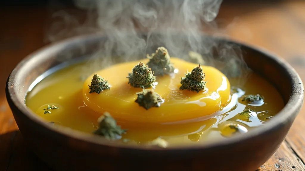 Cannabisblüten in geschmolzener Butter mit aufsteigendem Dampf