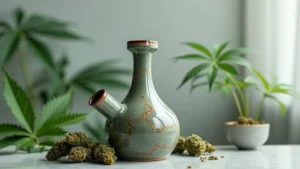 Handgefertigte Keramik Bong mit einzigartigem Marmorierungsmuster und Cannabisknospen im Vordergrund