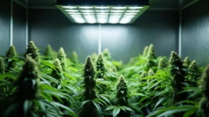 LED Grow Lampe in einem Indoor-Anbauraum mit gesunden Cannabispflanzen