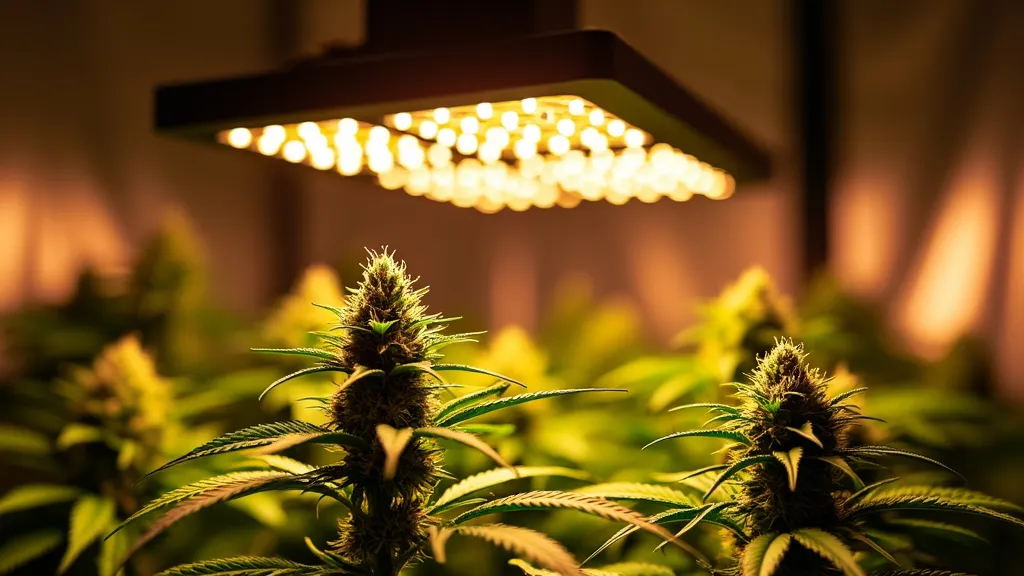 LED Lampe über blühenden Cannabispflanzen mit warmem gelbem Licht