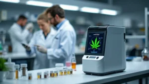 Modernes THC-Messgerät in einem Labor, umgeben von Wissenschaftlern, die Tests durchführen