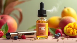 THC Vape Juice Flasche neben einem Vaporizer, umgeben von Früchten wie Beeren und Mango.