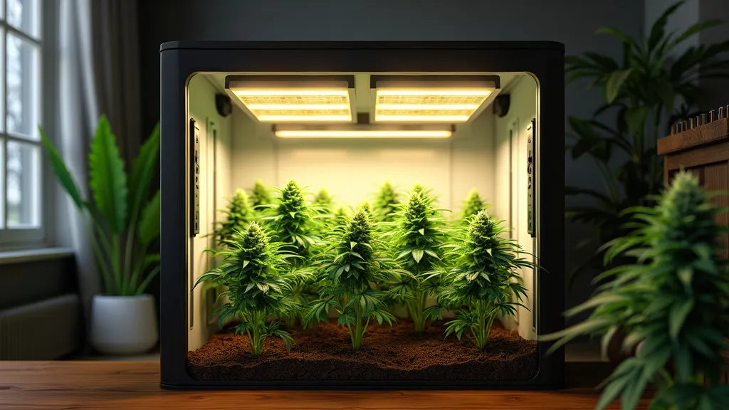 Innenansicht einer Growbox mit mehreren Cannabispflanzen und moderner LED-Beleuchtung