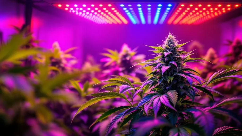 Vollspektrum Grow LED beleuchtet eine blühende Cannabispflanze