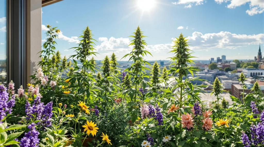 Cannabispflanzen und Blumen blühen auf einem sonnigen Balkon