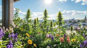 Cannabispflanzen und Blumen blühen auf einem sonnigen Balkon