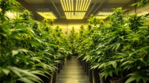 Cannabis-Pflanzen gedeihen unter hellen LED-Lichtern in einer Growbox.