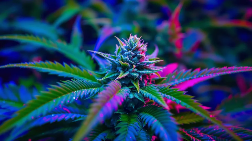 Detailaufnahme einer Cannabisblüte unter farbigen LED-Lichtern, die die Blätter und Knospen in lebendigen Farben darstellen.