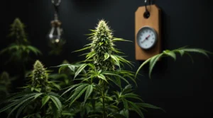 Close-up of a cannabis flower growing with a thermometer in the background.