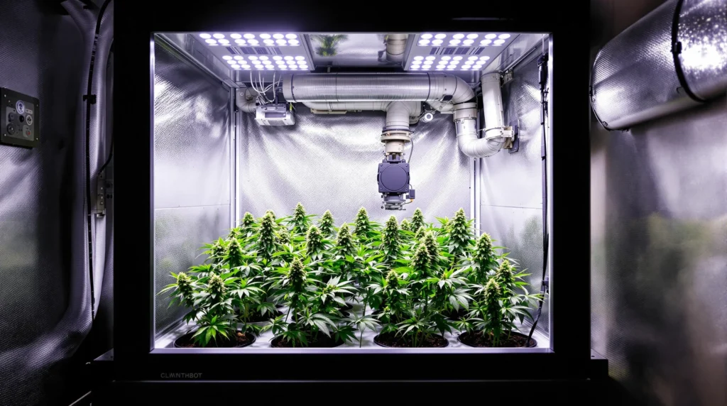 Cannabis Pflanzensystem in einer Growbox mit Lüftungsrohren