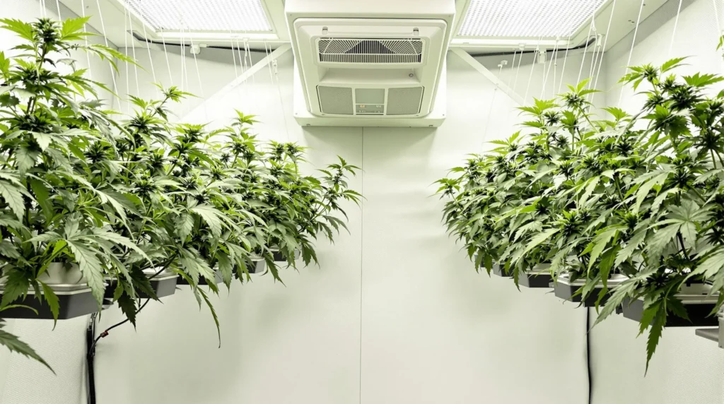 Cannabis plants growing in a controlled indoor environment with proper lighting and ventilation.