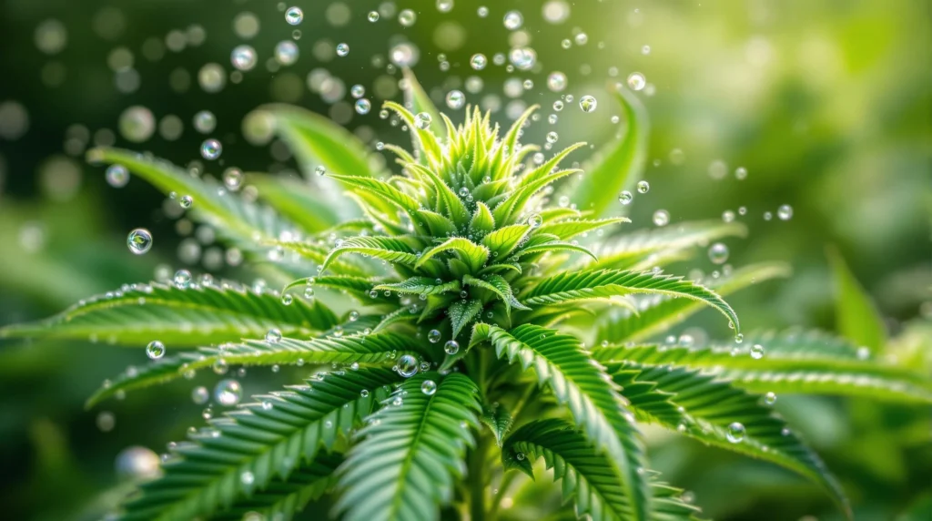 Cannabis Pflanze mit Tropfen von destilliertem Wasser.