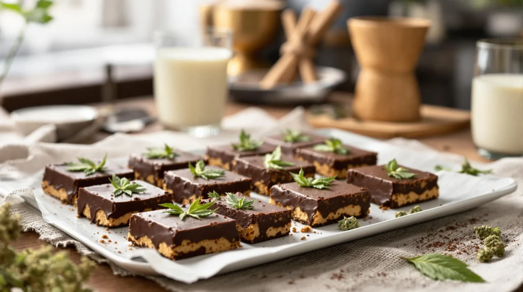 Schokoladenriegel mit Cannabisbutter, dekoriert mit Cannabisblättern und Keksteig.