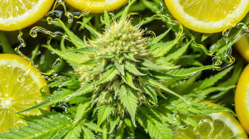 Cannabisblüten mit Zitronenscheiben und Wassertröpfchen