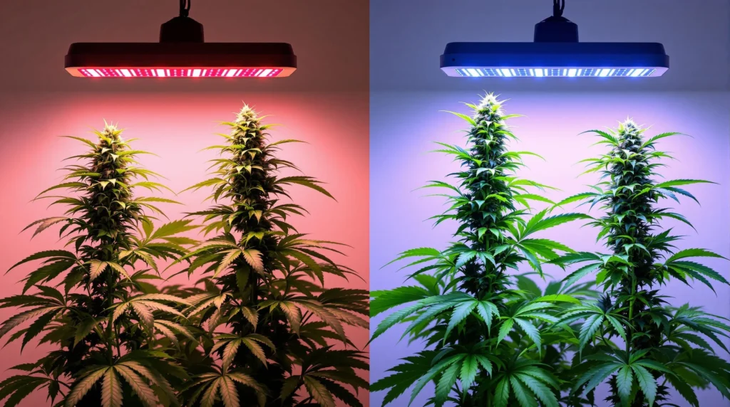 Cannabis unter einer LED Grow Lampe Vollspektrum mit Farbwechsel.