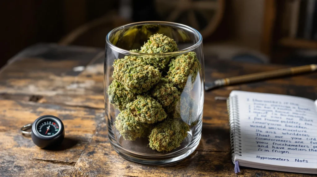 Dried cannabis buds stored in a glass jar with a hygrometer to monitor humidity.