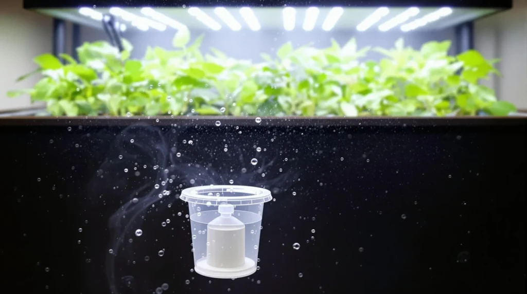 Growbox mit Wasserbehälter und Feuchtigkeitserzeugung.