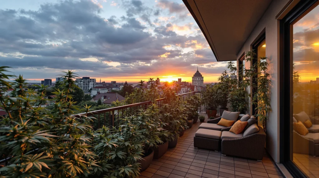 Balkon mit Cannabispflanzen im Abendlicht und Stadtansicht