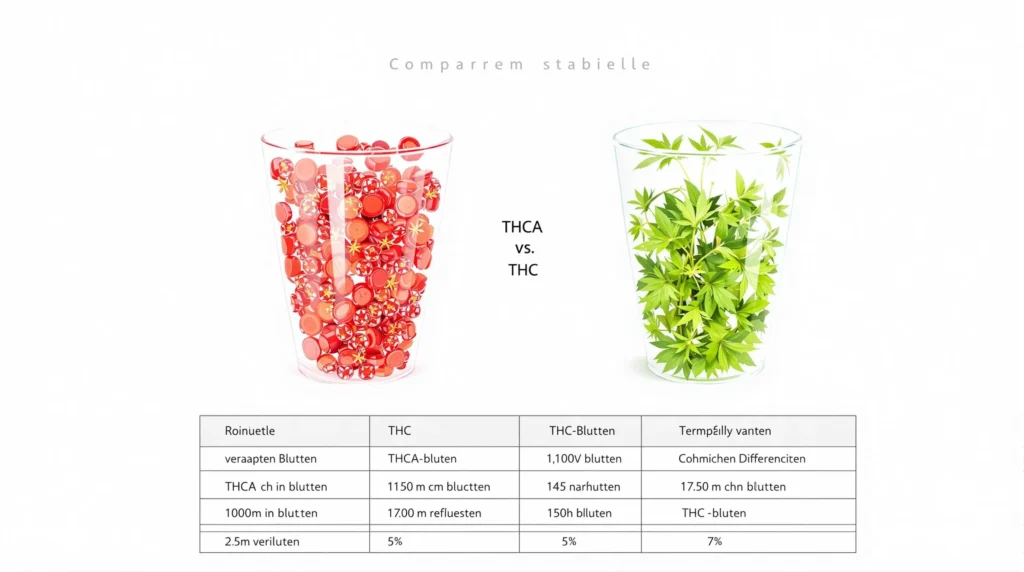 THCA Blüten im Vergleich mit THC Blüten in verschiedenen Behältern.