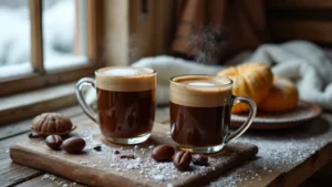 Zwei Gläser heißer Hasch-Kakao auf einem Holztisch, umgeben von Kaffeebohnen und Gebäck