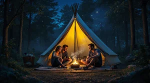 Drei Personen sitzen um ein Lagerfeuer in einem Zeltlager, mit einem beleuchteten Zelt im Hintergrund.