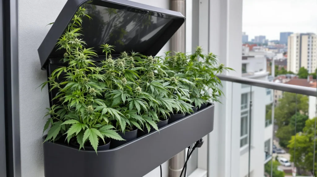 Hydrokulturpflanzen auf einem Balkon, Cannabis wächst in einem vertikalen System.